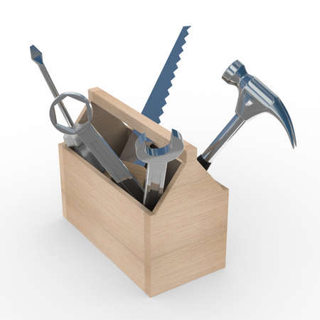 Wooden box with tools. Isolated 3D image