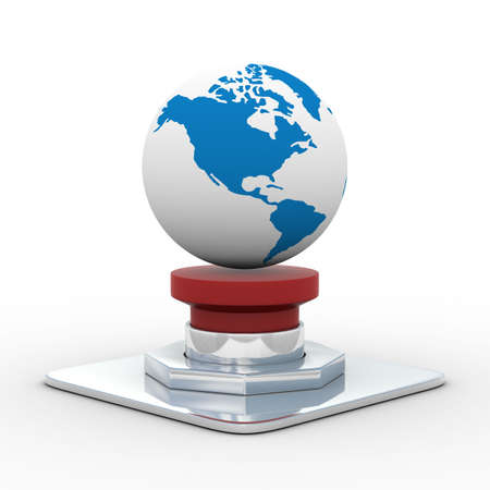globe on the red button. Isolated 3D imageの写真素材