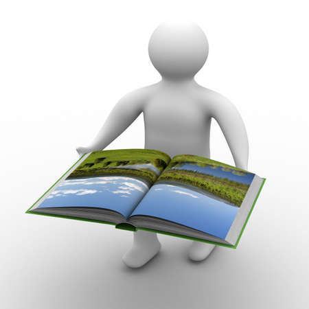 man holds open book on white background. Isolated 3D imageの写真素材