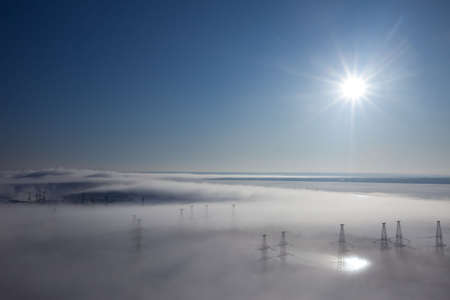 Winter landscape. fog over earth. top viewの写真素材