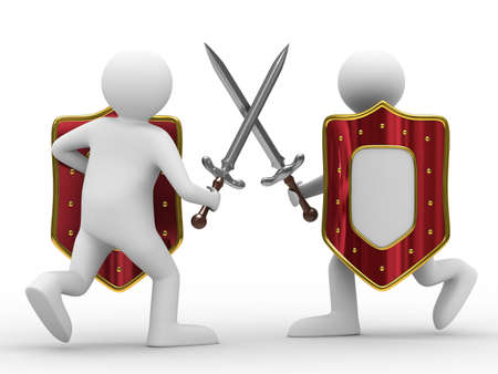 Fight on swords. Isolated 3D image on white backgroundの写真素材