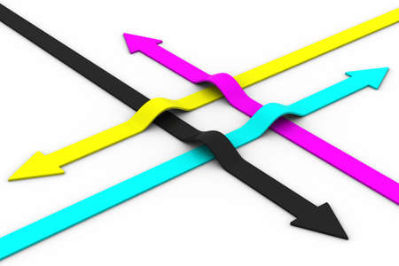 Colour arrows on white background. CMYK. Isolated 3D imageの写真素材