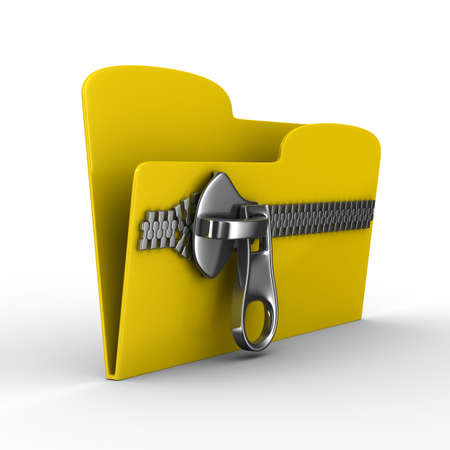 Yellow computer folder with zipper. Isolated 3d imageの写真素材