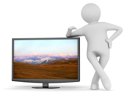 TV and man on white background. Isolated 3D imageの写真素材