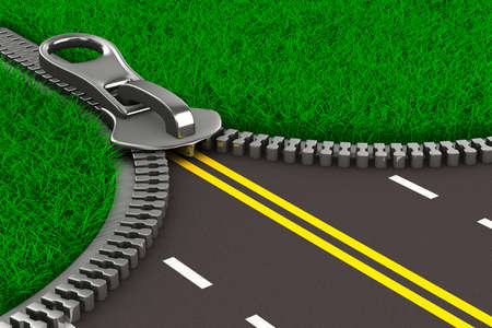 Zipper with grass and road. Isolated 3D imageの写真素材