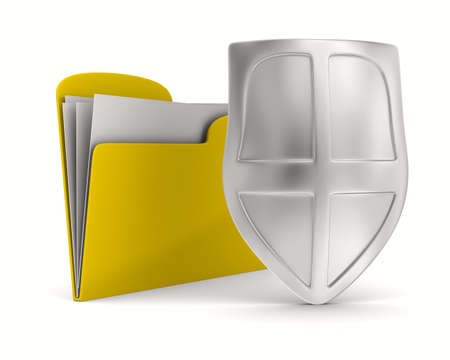 Yellow computer folder with shield. Isolated 3d imageの写真素材