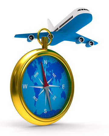 compass and airplane on white background. Isolated 3D imageの写真素材