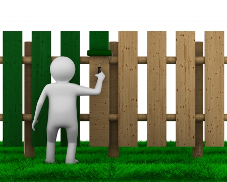 man paints fence on white background. Isolated 3D imageの写真素材