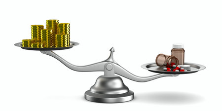 Medicines and money on scales. Isolated 3D imageの写真素材