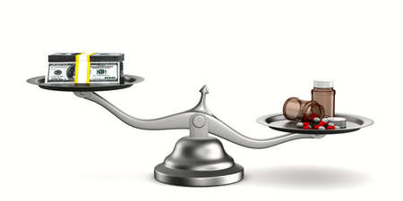 Medicines and money on scales. Isolated 3D imageの写真素材