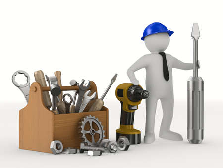 Man with wooden toolbox. Isolated 3D imageの写真素材