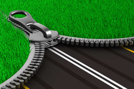 Zipper with grass and road. Isolated 3D imageの写真素材