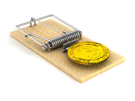 mousetrap and bitcoin on white background. Isolated 3D imageの写真素材