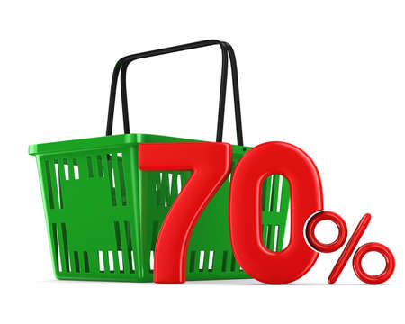 Green empty shopping basket and seventy percent on white background. Isolated 3d illustration