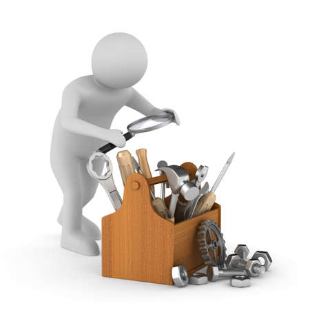 Man with magnifier and toolbox on white background. Isolated 3D illustrationの写真素材