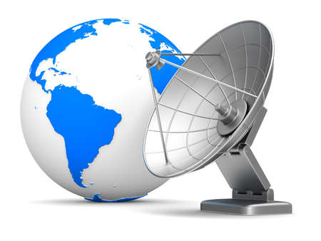 satellite aerial and globe on white background. Isolated 3D illustrationの写真素材