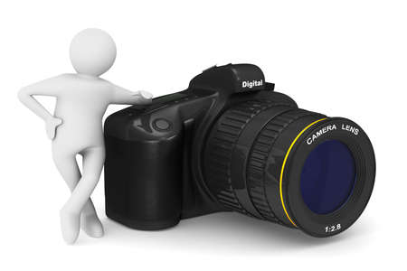 digital camera on white background and man. Isolated 3D illustrationの写真素材