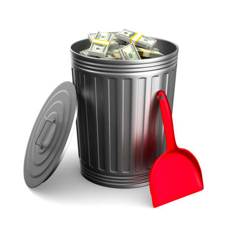 Garbage basket with dollars on white background. Isolated 3D illustrationの写真素材