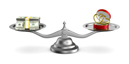wedding rings and money on scales. Isolated 3D illustrationの写真素材
