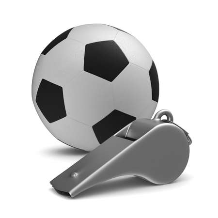 Metal whistle and soccer ball on white background. Isolated 3D illustrationの写真素材