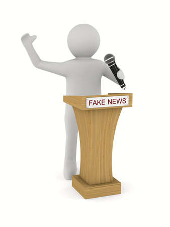 Fake news. man speaks with microphone on white background. Isolated 3D illustrationの写真素材