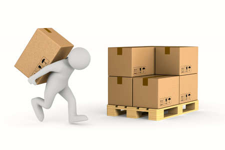 men carry cargo box on back. Isolated 3D illustrationの写真素材