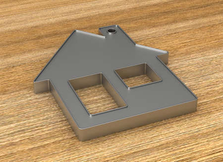 Metallic trinket house on wooden surface. 3D illustrationの写真素材