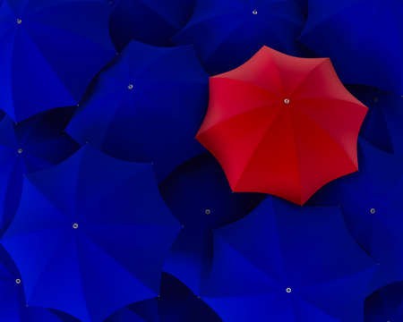 Top view of unique red umbrella standing out from the blue crowd. 3d illustrationの写真素材