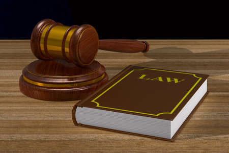 wooden gavel and book on table. 3D illustration