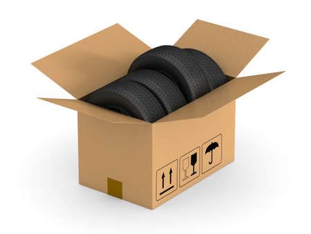 Open cargo box with tyres on white background. Isolated 3D illustrationの写真素材
