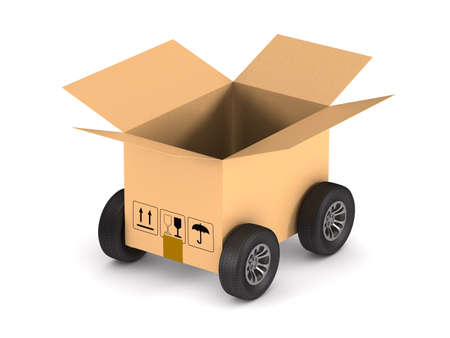 open cargo box with wheel on white background. Isolated 3D illustrationの写真素材