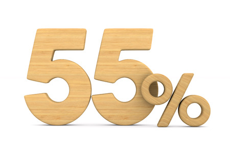 fifty five percent on white background. Isolated 3D illustration