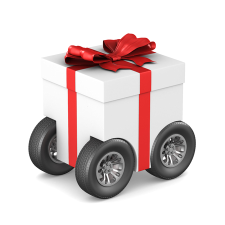 gift box with wheel on white background. Isolated 3D illustrationの写真素材
