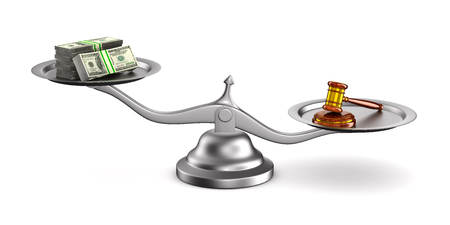 wooden gavel, money and scale on white background. Isolated 3D illustrationの写真素材