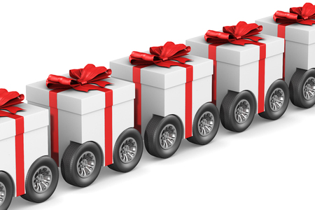 gift box with wheel on white background. Isolated 3D illustrationの写真素材