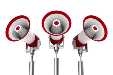 three megaphones on white background. Isolated 3D illustrationの写真素材