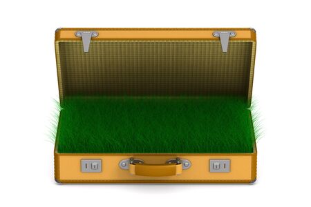 open travel bag with grass on white background. Isolated 3D illustrationの写真素材