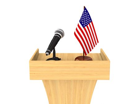 tribune with microphone and american flag on white background. Isolated 3D illustrationの写真素材