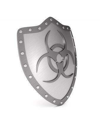 metallic shield with symbol biohazard on white background. Isolated 3D illustrationの写真素材
