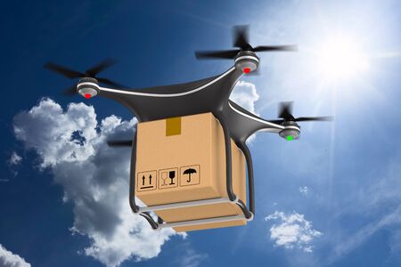 quadrocopter with cargo box on clouds sky. 3d illustrationの写真素材