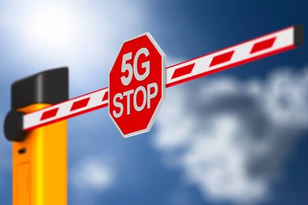 closed automatic barrier with sign 5G stop on sky background. 3D illustration