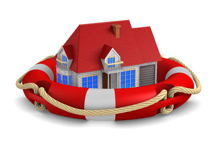 life ring and house on white background. Isolated 3d illustrationの写真素材