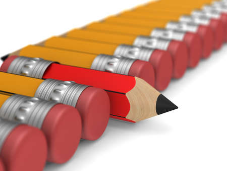 unique red wooden pencil with eraser standing out from the orange crowd on white background....