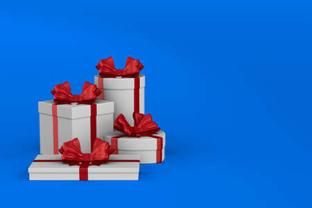 white boxes with red bow on blue background. Isolated 3D illustration