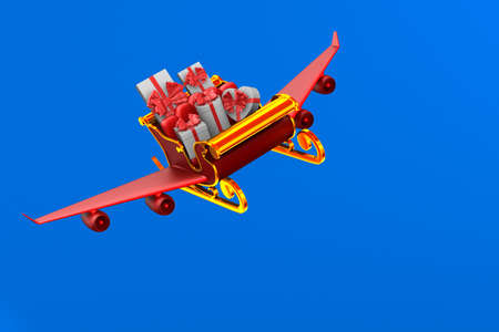 red christmas sled with gift boxes on blue background. Isolated 3D illustration
