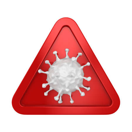 Red triangle with virus on white background. Isolated 3D illustrationの写真素材