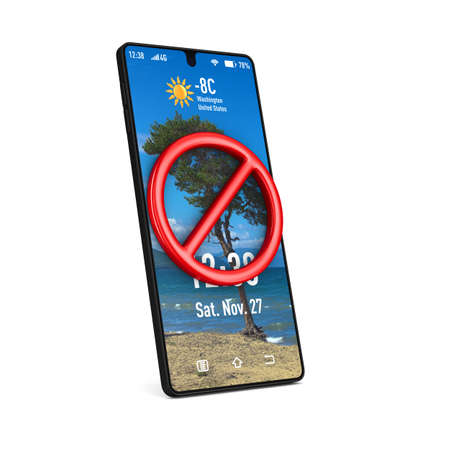 forbidden sign and phone on white background. Isolated 3D illustration