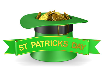 St Patrick day. Green hat with money on white background. Isolated 3D illustration