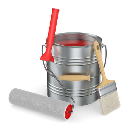 roller brush and can with color on white background. Isolated 3D illustration