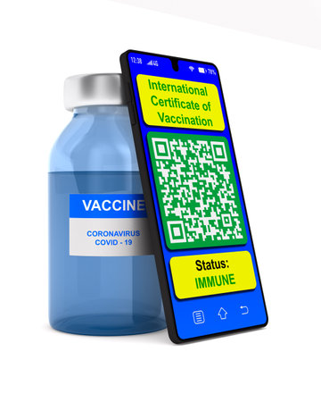 digital passport of vaccination in phone on white background. Isolated 3D illustrationの写真素材